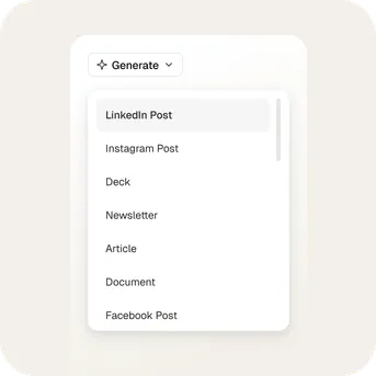 EVY Generate dropdown showing content transformation options for LinkedIn, Instagram, Newsletter, and more